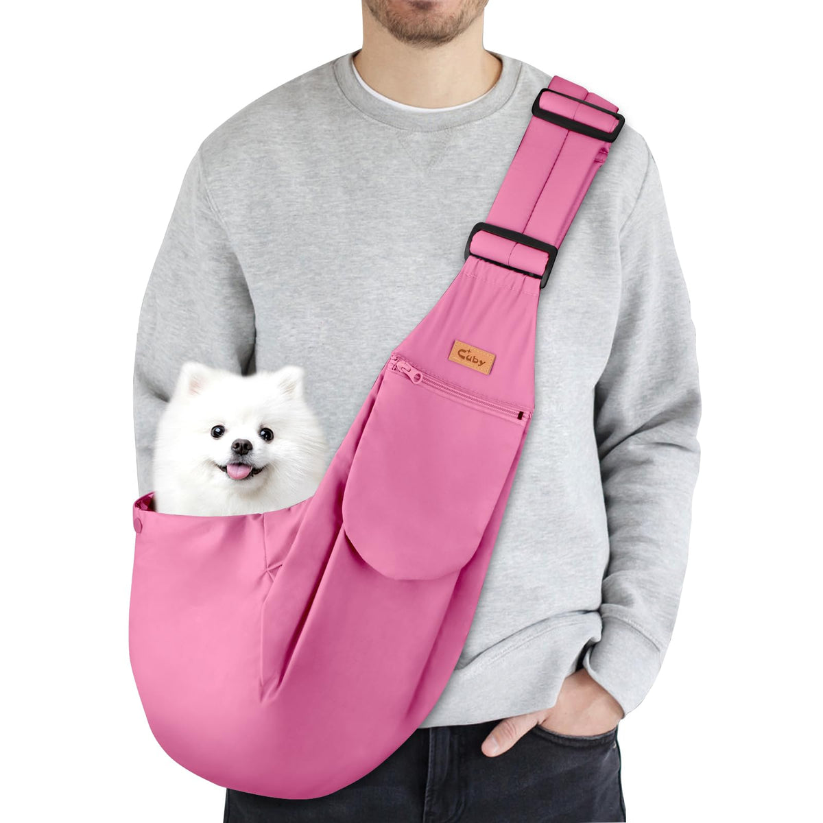 CUBY pink Classic sling side view enabling hands-free pet outings
