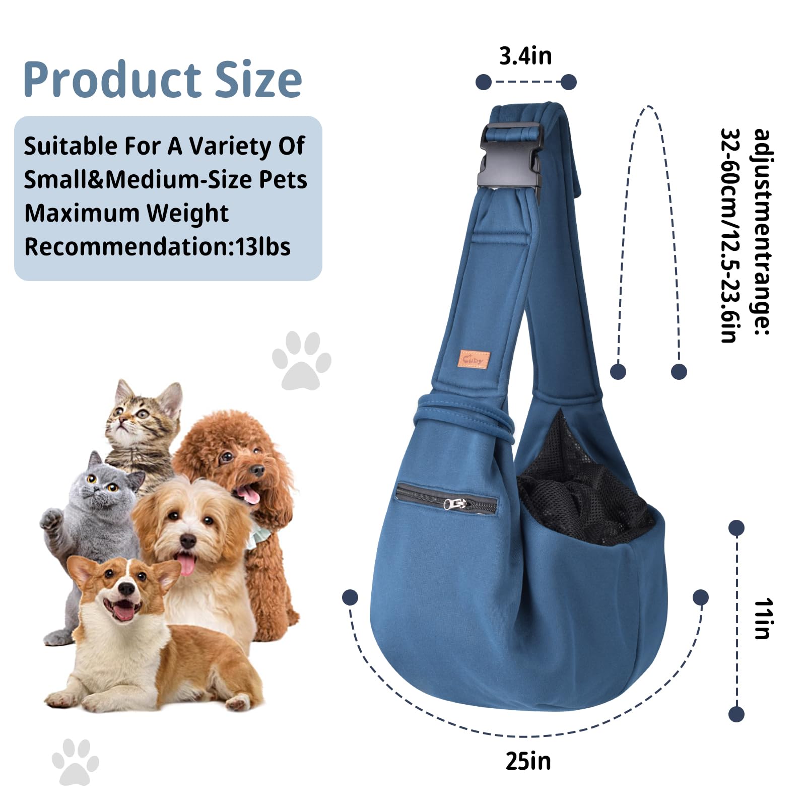 CUBY sling carrier pockets and stitching; durable construction details.