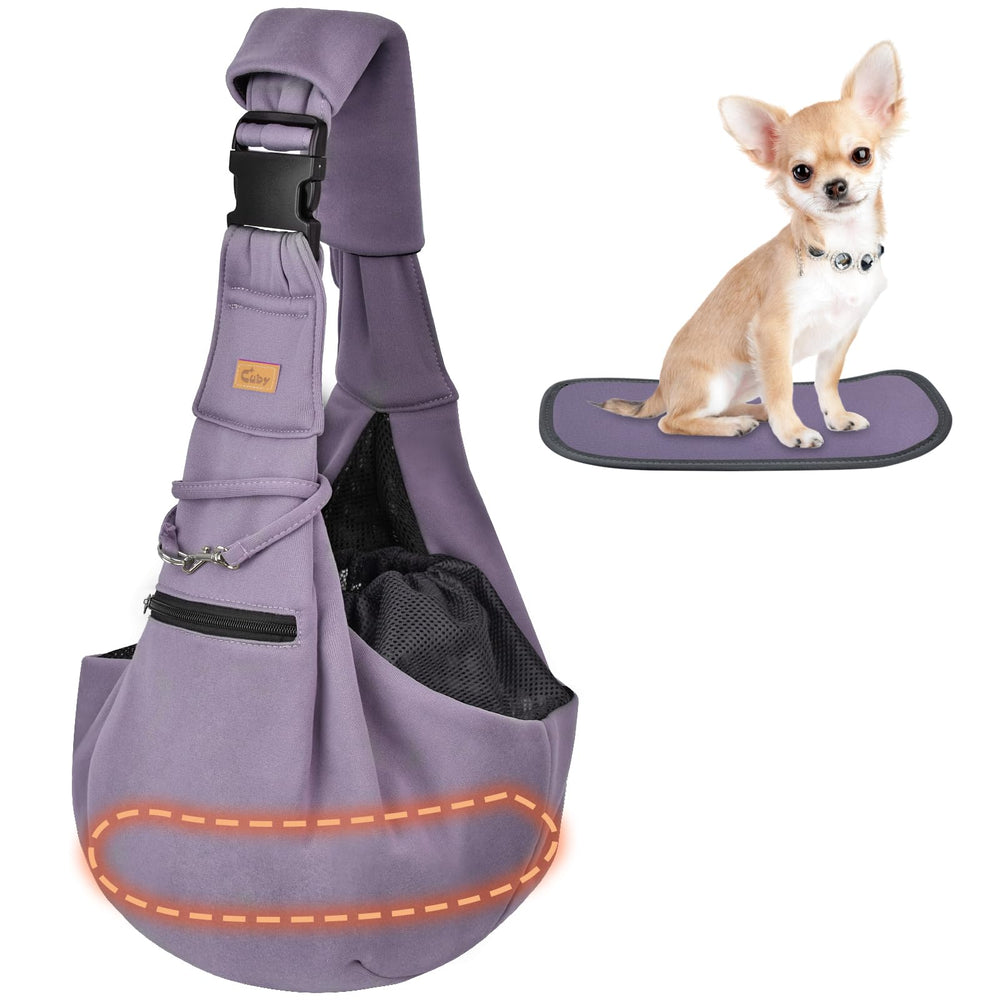 CUBY dog-cat-sling-purple-front-view demonstrates hands-free city walks with secure pet carrier