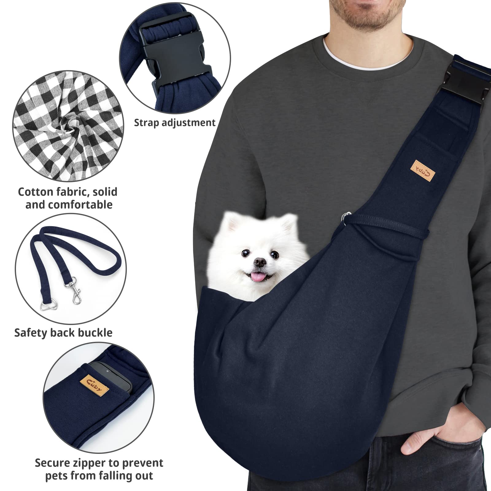 Cuby pet sling double-protection highlights inner buttons and safety rope.