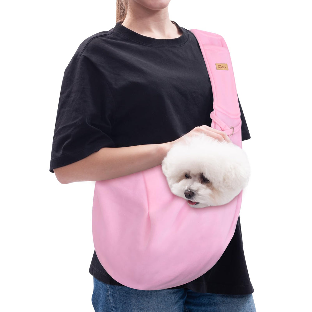 Cuby dog-cat sling adjustable strap highlights ergonomic support for longer walks.