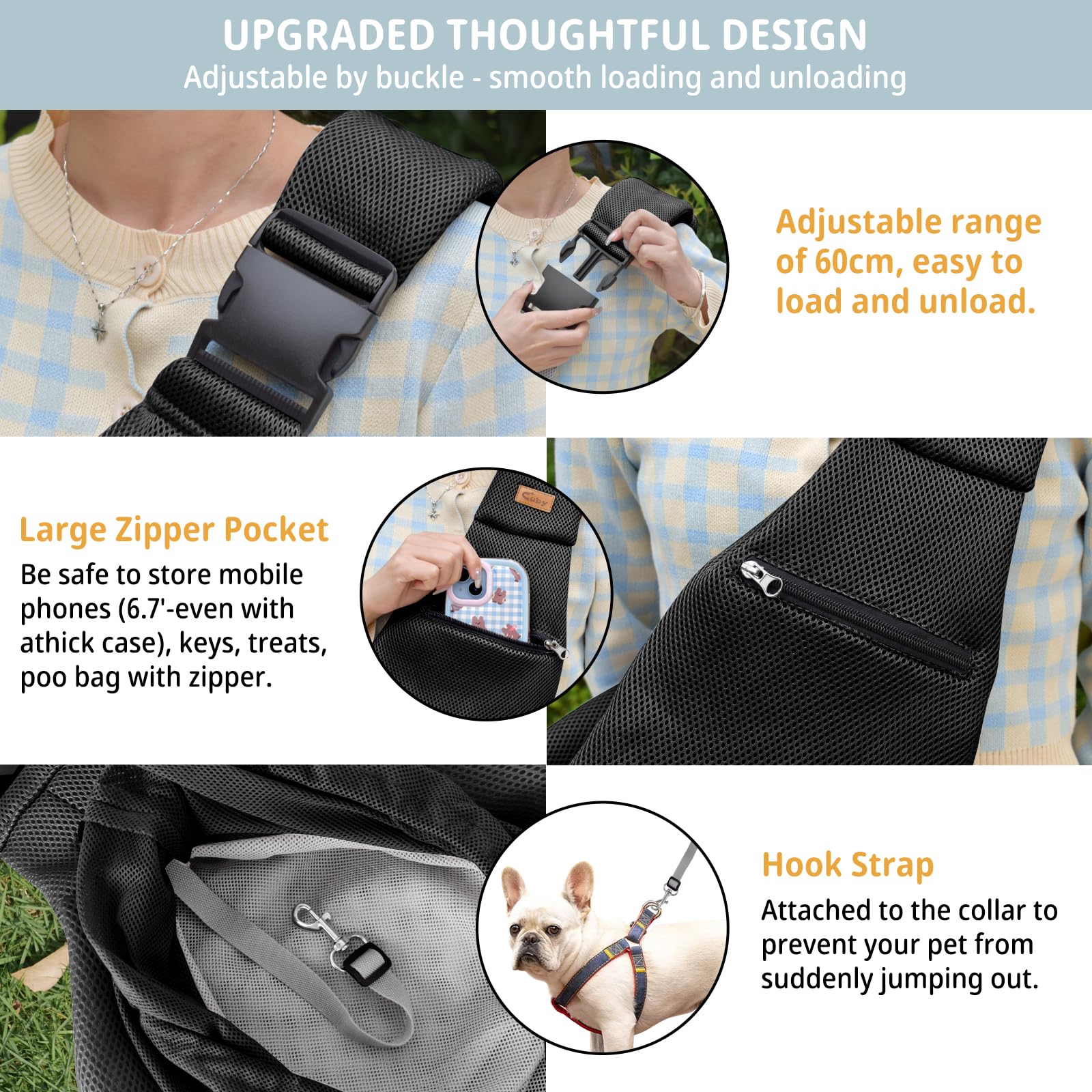 CUBY puppy-sling breathable-mesh ensures comfortable wear in all seasons.