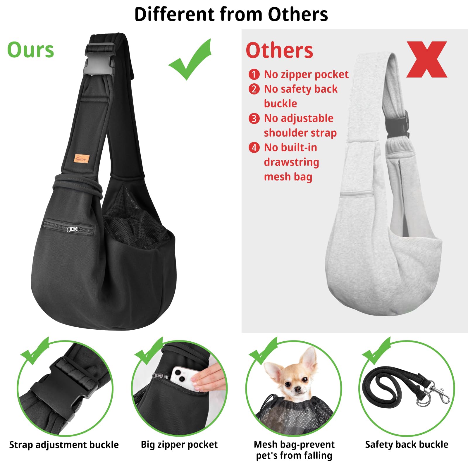 Cuby sling carrier dual safety clip prevents pet from escaping during outings.