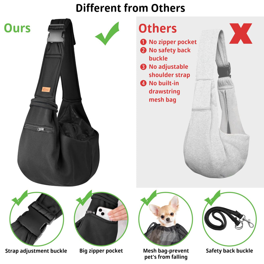 Cuby sling carrier dual safety clip prevents pet from escaping during outings.
