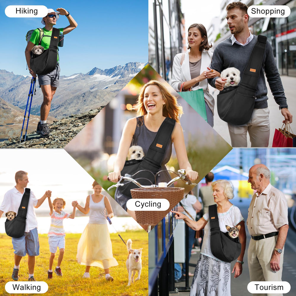 Cuby sling carrier enables hands-free walks, ideal for travel and shopping.