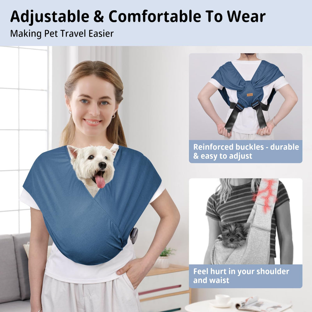 Cuby Swaddle Dog Sling Blue front-facing design eases shoulder pressure for the wearer.