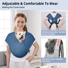 Cuby Swaddle Dog Sling Blue front-facing design eases shoulder pressure for the wearer.