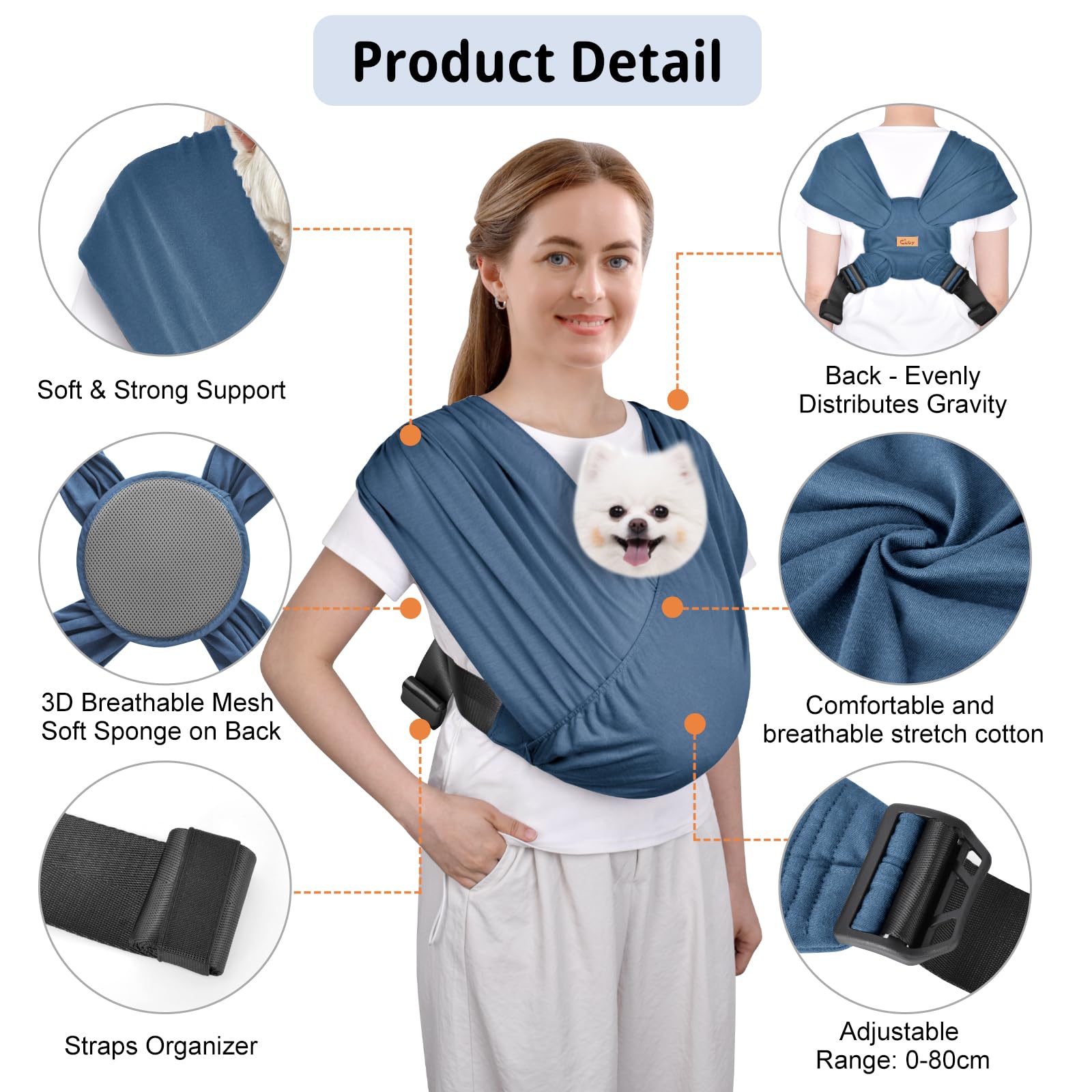 Cuby Swaddle Dog Sling Blue soft cotton offers gentle pet comfort.
