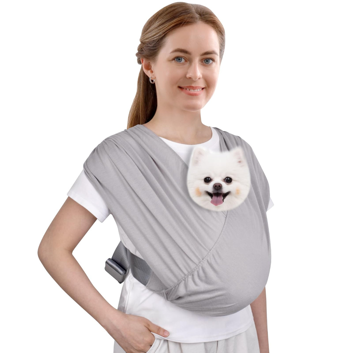 CUBY Swaddle Dog Sling Carrier front view shows lightweight, hands-free design for easy walks.