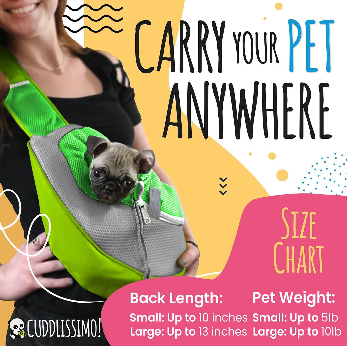 Cuddlissimo! pet sling carrier back view shows secure, close-contact carry.