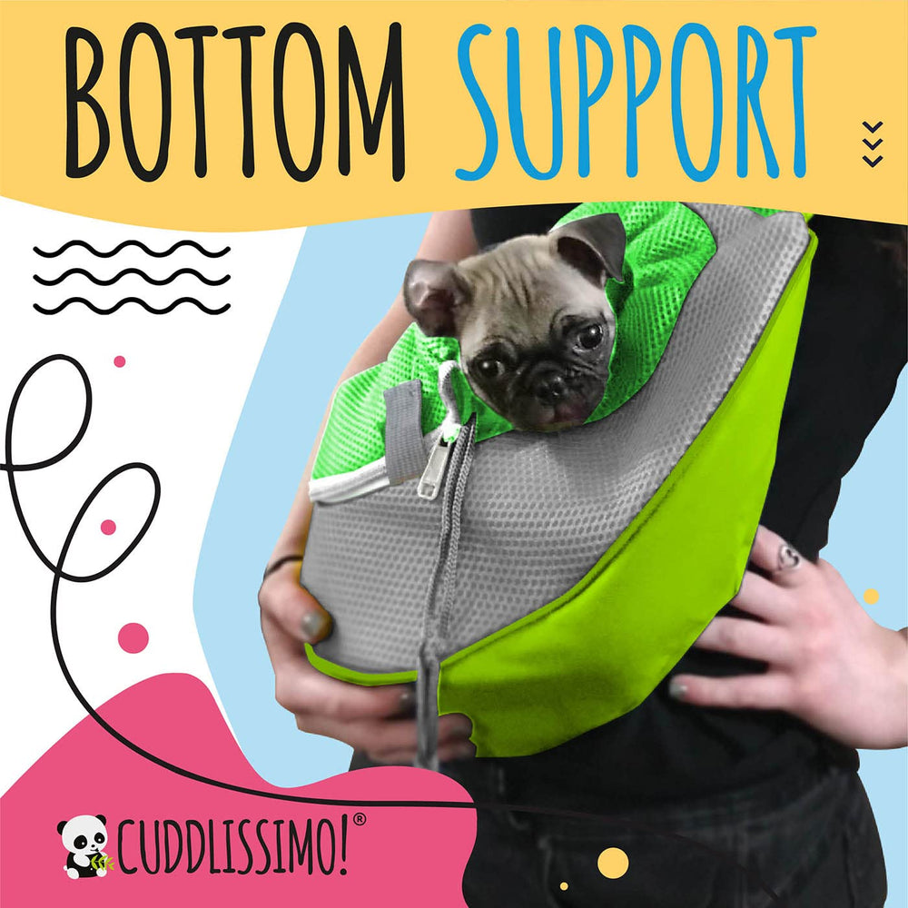 Cuddlissimo! pet sling carrier drawstring-opening view emphasizes secure entry.