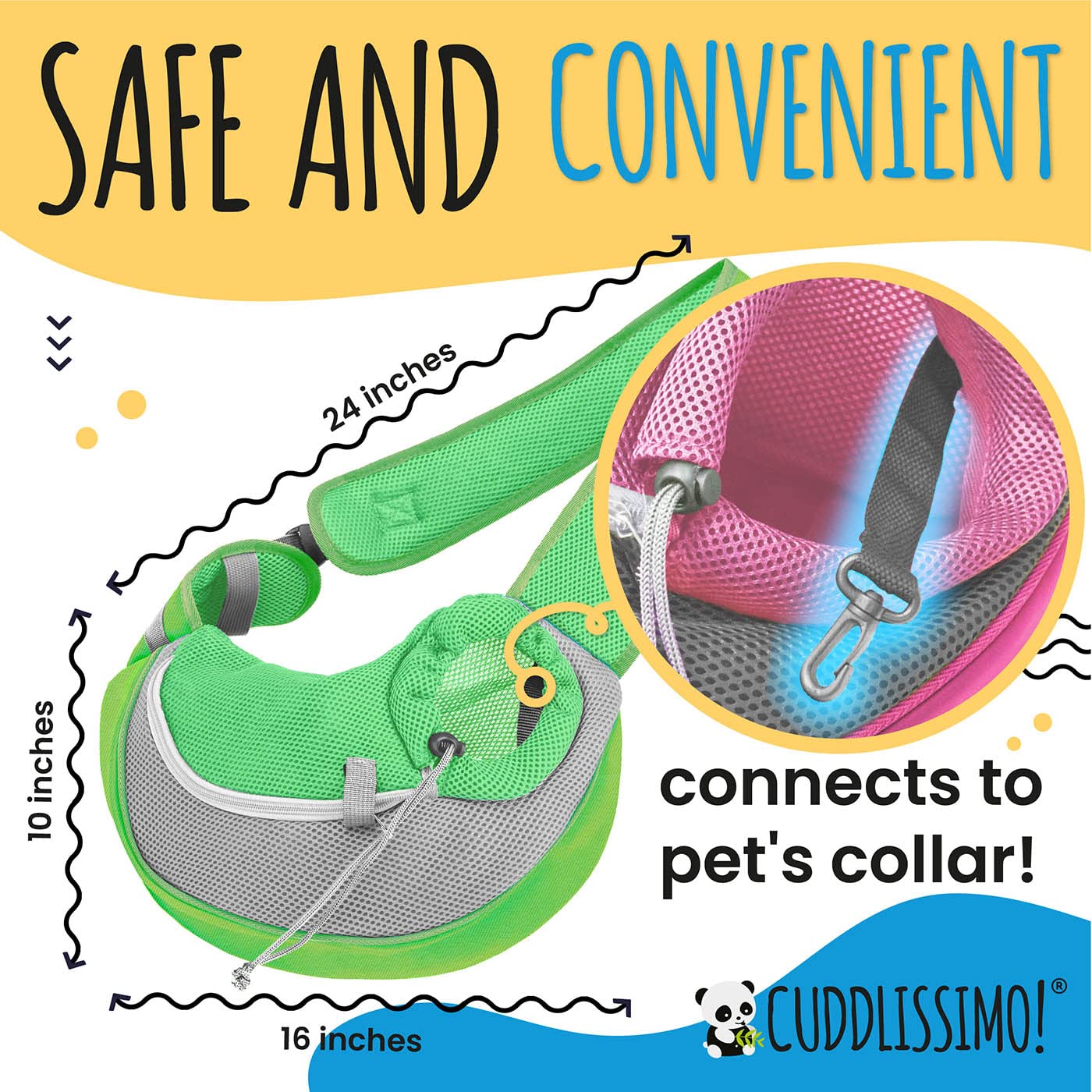 Cuddlissimo! pet sling carrier neck-opening closeup highlights adjustable fit.