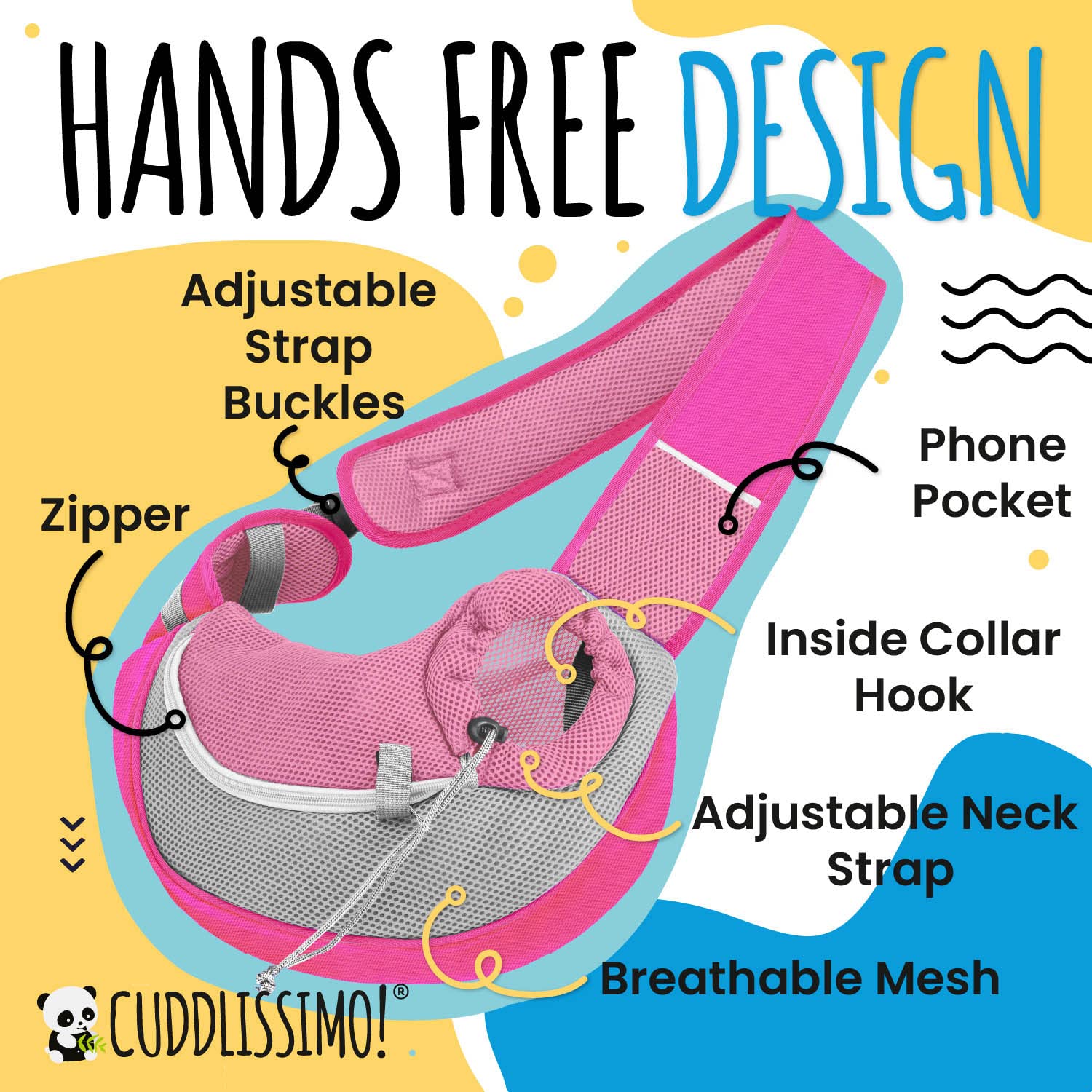 Cuddlissimo! pet sling collar hook connection prevents pet from jumping out.