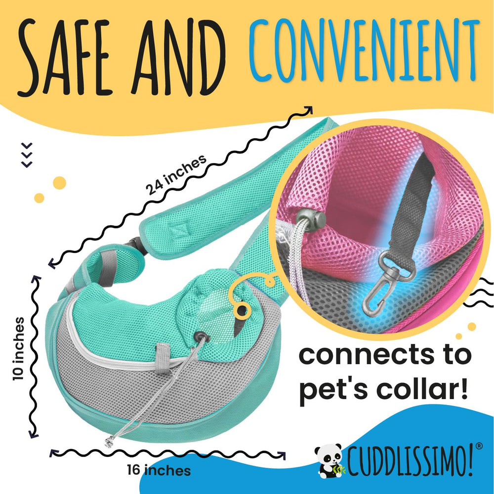 Cuddlissimo! pet sling includes a secure collar-hook to prevent jumping.