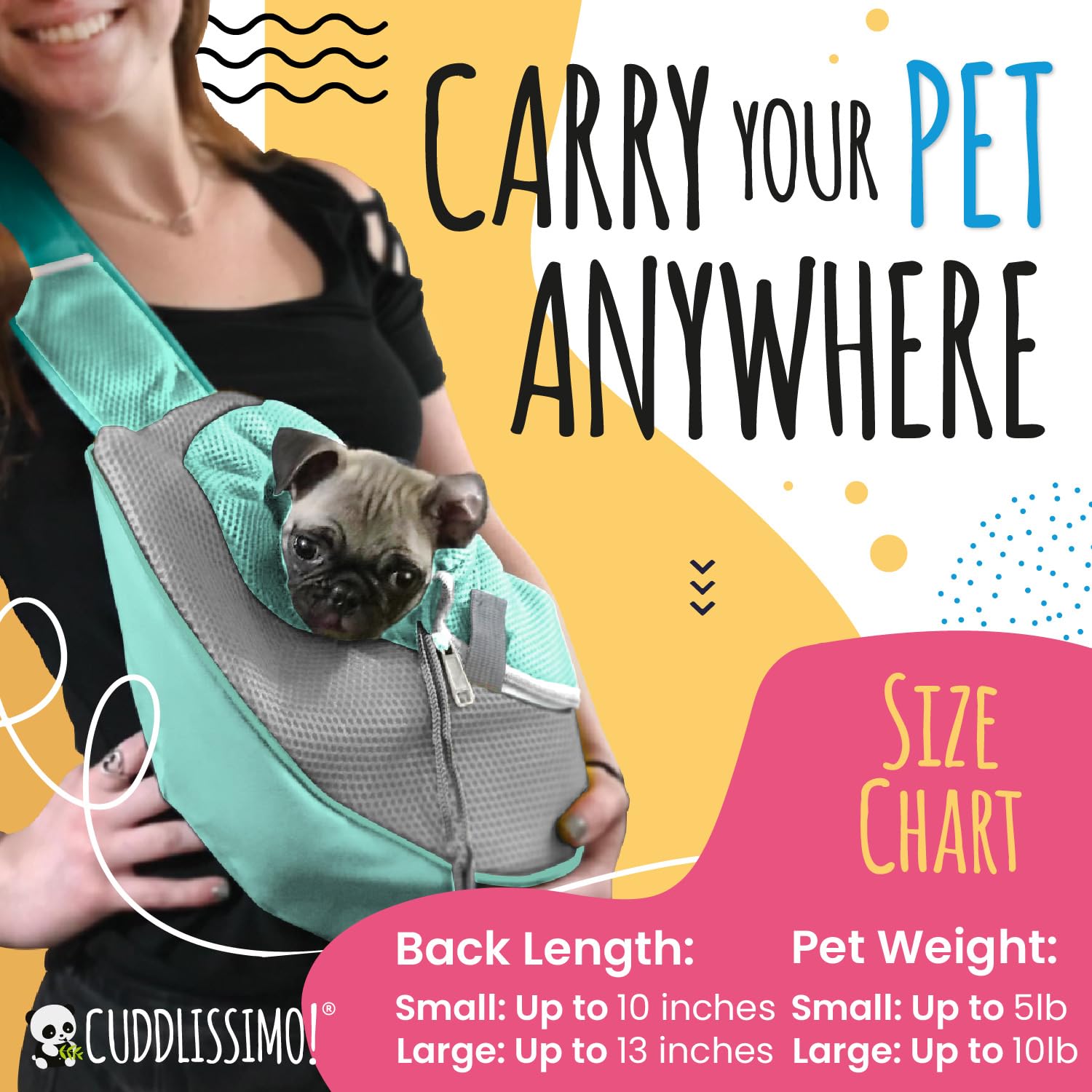 Cuddlissimo! pet sling worn on chest for hands-free, versatile daily adventures.