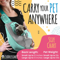 Cuddlissimo! pet sling worn on chest for hands-free, versatile daily adventures.