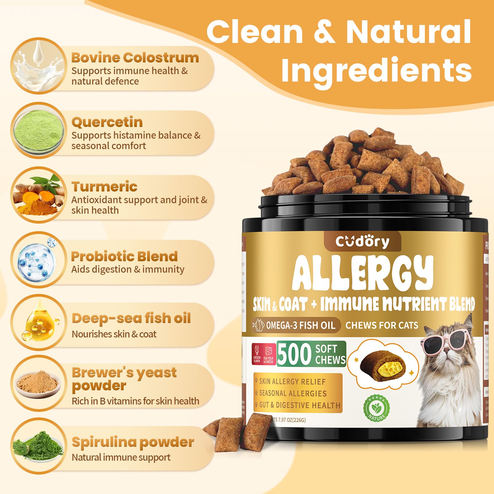 Cudory cat allergy chews chicken flavor closeup, irresistible taste for picky cats.