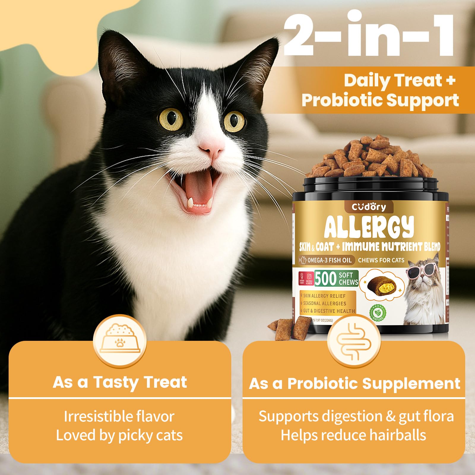 Cudory cat allergy chews creamy texture, appealing feeding experience.