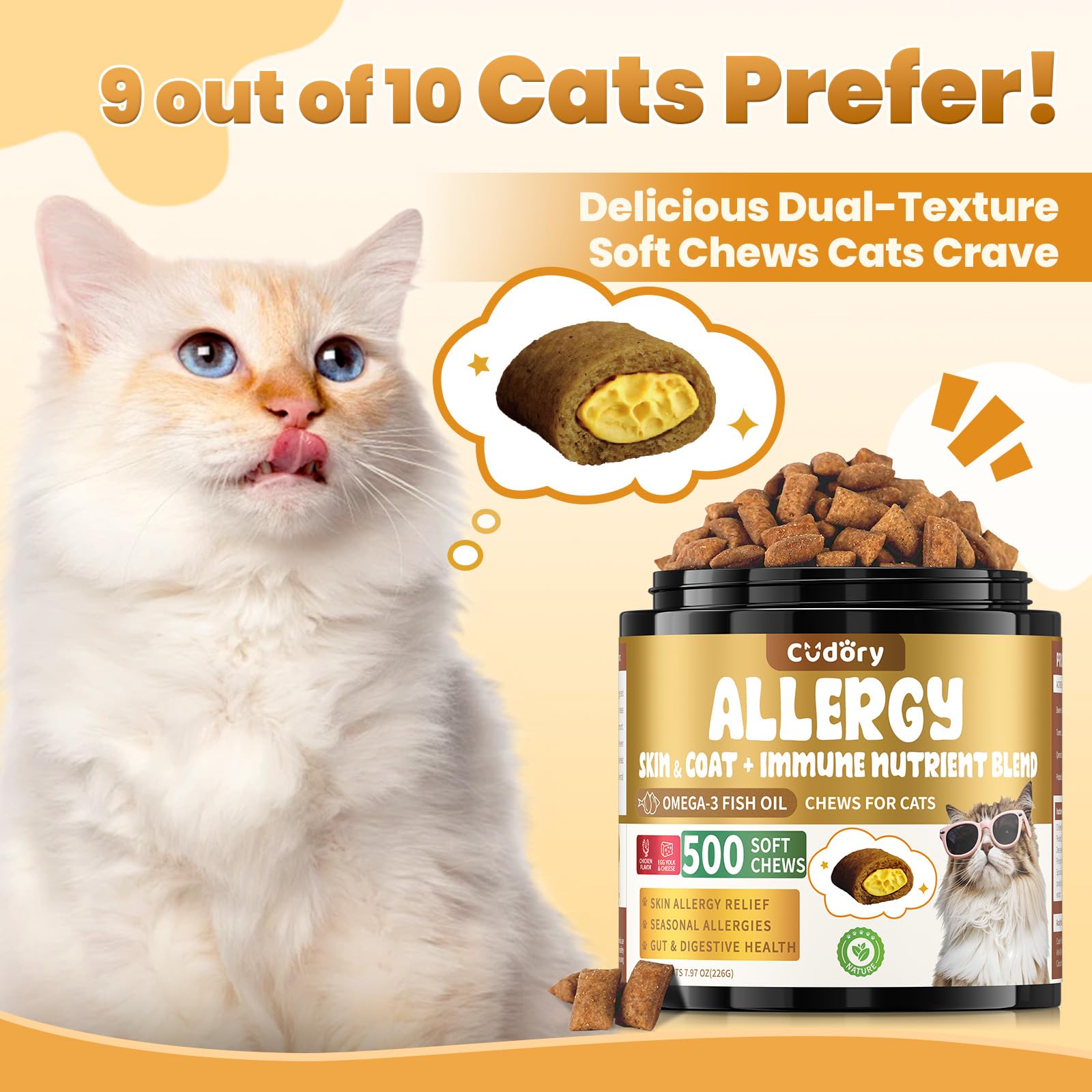 Cudory cat allergy chews packet open, easy daily serving.