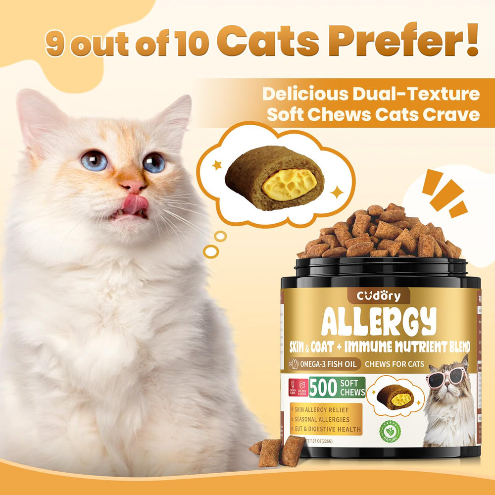 Cudory cat allergy chews packet open, easy daily serving.