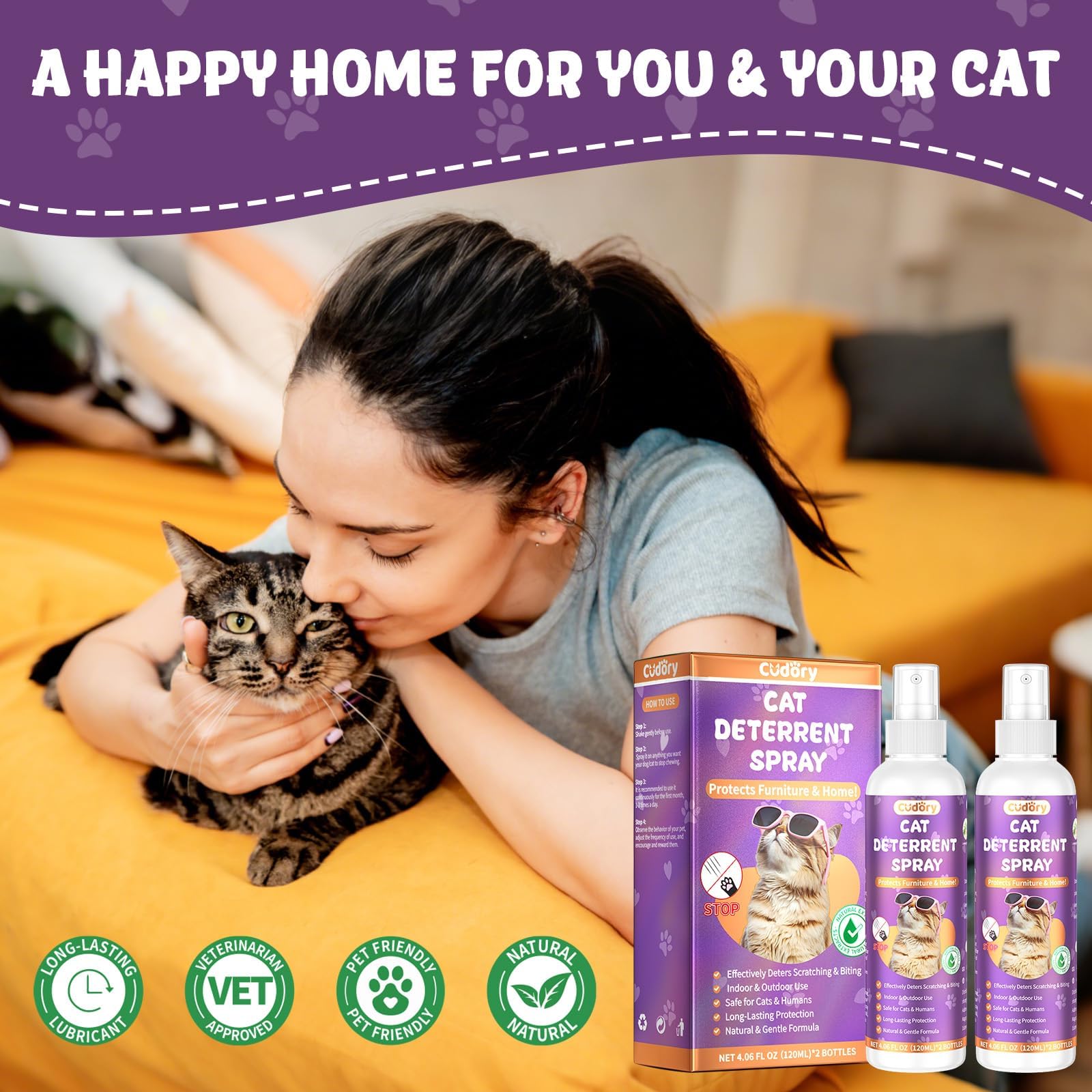 Cudory cat deterrent spray packaging showcases 2-pack convenience for households.
