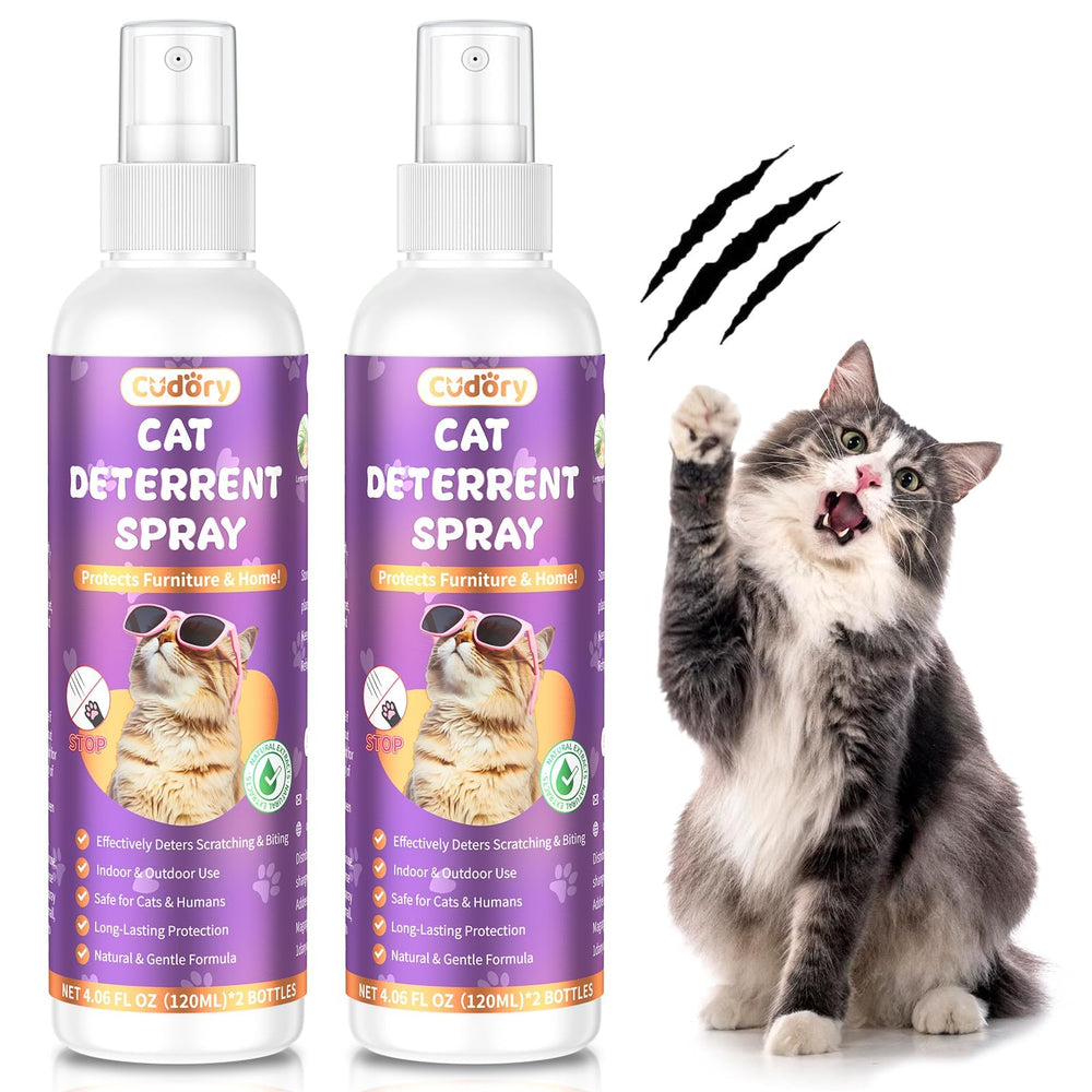 Cudory cat deterrent spray bottle close-up showing non-toxic formula for safe home protection.