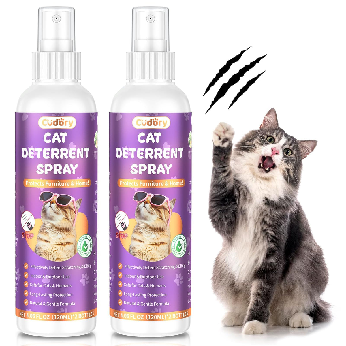 Cudory cat deterrent spray bottle close-up showing non-toxic formula for safe home protection.