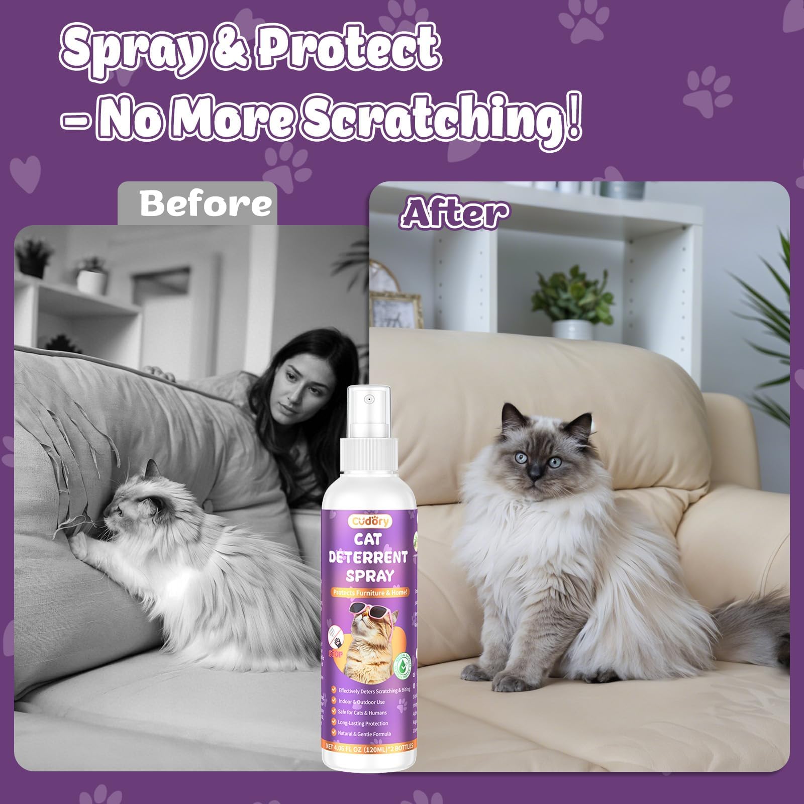 Cudory deterrent spray applied to furniture to curb scratching and marking.