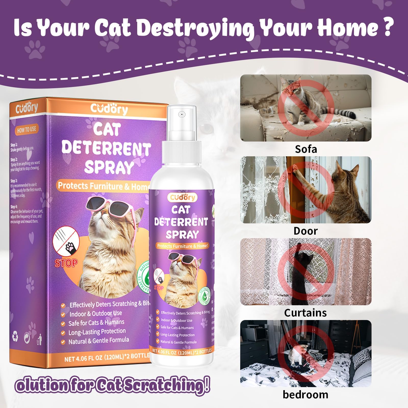 Cudory cat deterrent spray outdoors preventing garden scratching near plants.