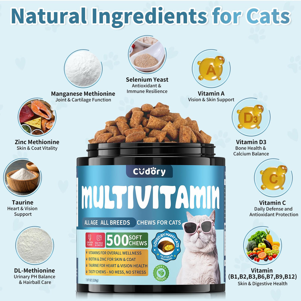 Cudory Cat Multivitamin cat eating chew demonstrates easy feeding for cats of all ages.