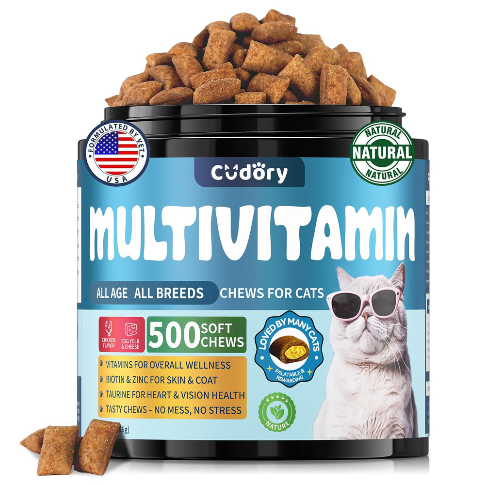 Cudory Cat Multivitamin chews jar closeup highlighting tasty texture for daily energy support.