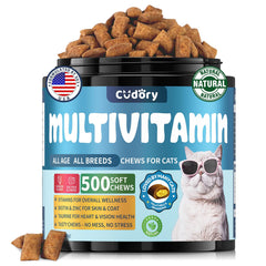 Cudory Cat Multivitamin chews jar closeup highlighting tasty texture for daily energy support.