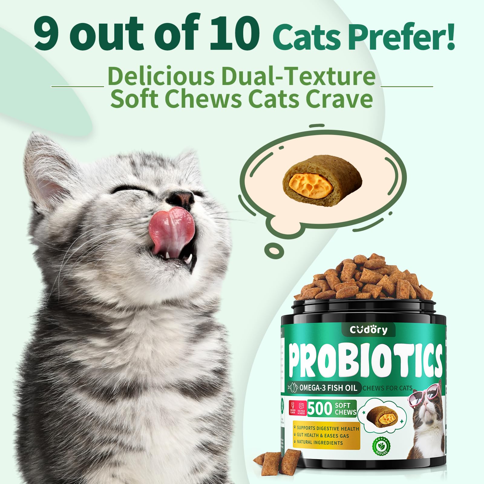 Cudory Cat Probiotics chews inside creamy center entice cats while supporting gut health.