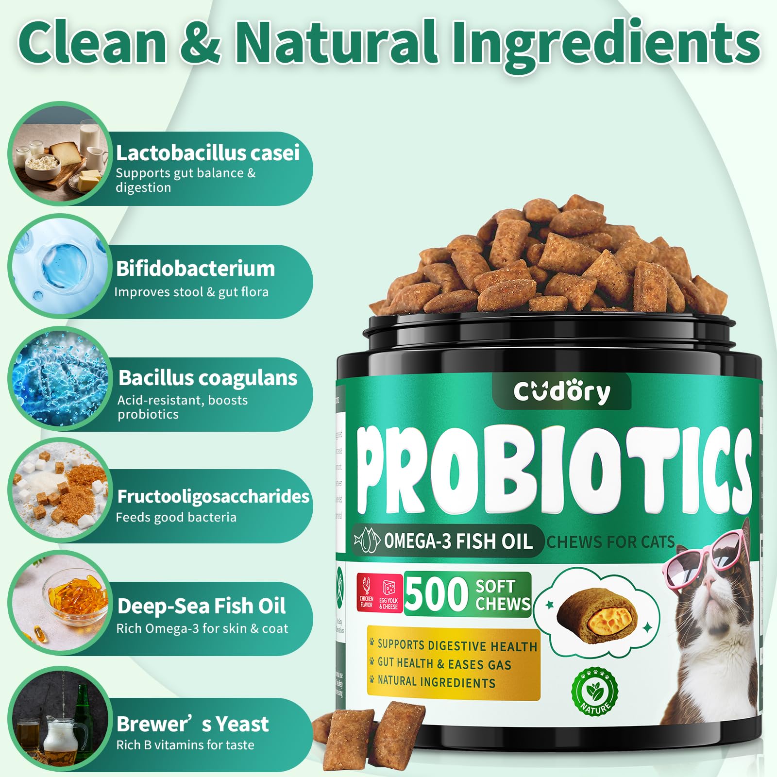 Cudory Cat Probiotics multi-strain formula supports balanced gut flora and occasional constipation relief.
