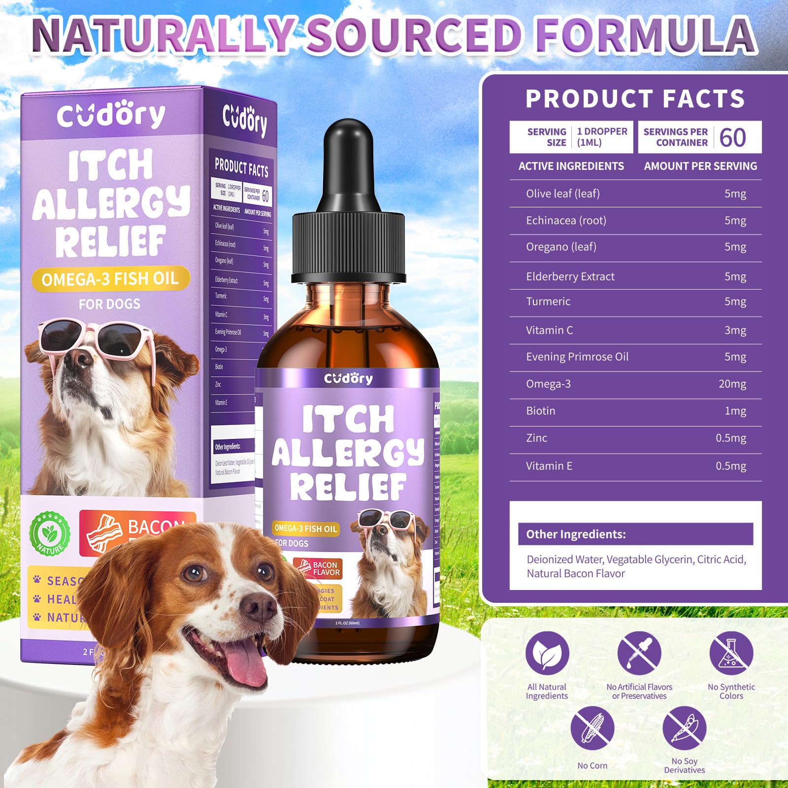 Cudory dog allergy relief drops label info highlights natural ingredients and no artificial additives