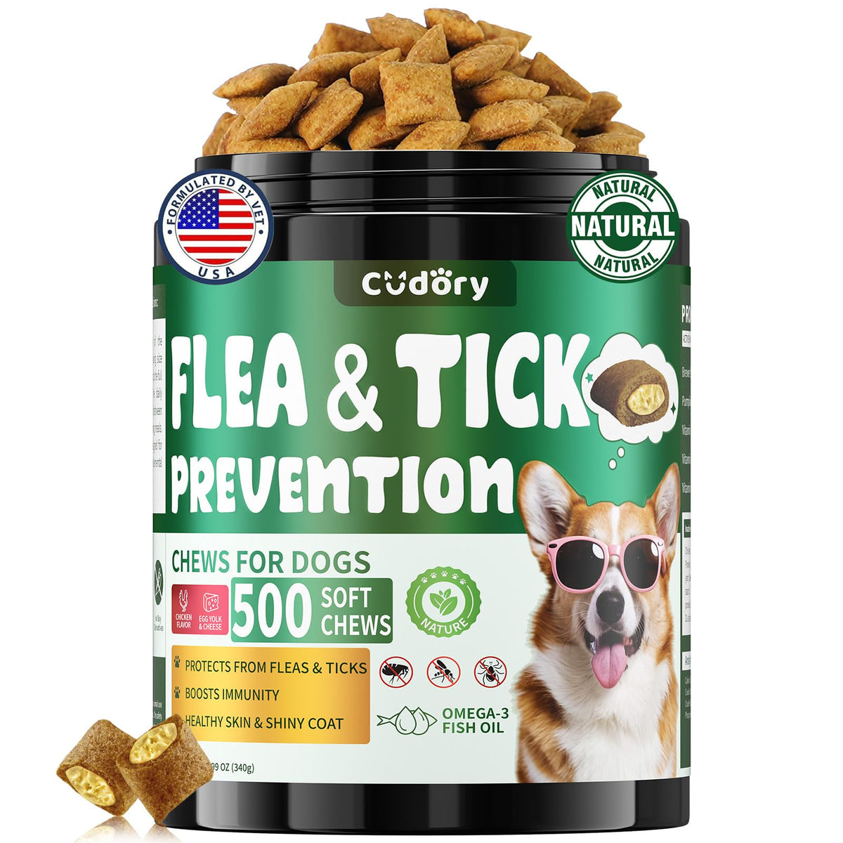 Cudory flea prevention chews packaging highlights coat nourishment and flea defense.