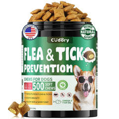 Cudory flea prevention chews packaging highlights coat nourishment and flea defense.
