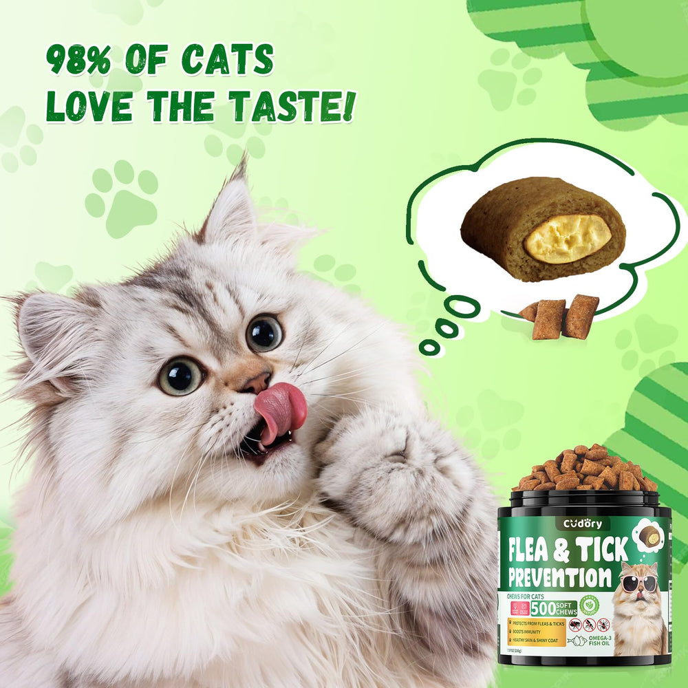 Cudory flea-tick chews serving idea with cat bowl for simple daily care.