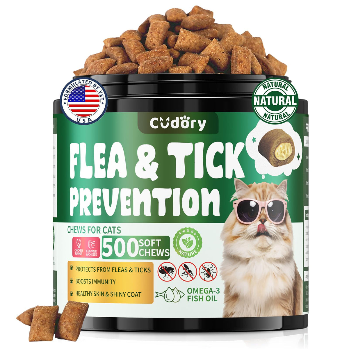Cudory flea-tick chews bottle shown for daily cat protection and easy administration.