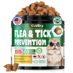 Cudory flea-tick chews bottle shown for daily cat protection and easy administration.