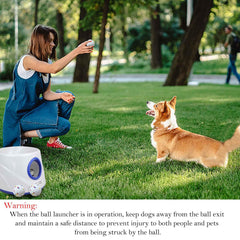 Cuelab dog ball launcher side controls showing adjustable distance options for different spaces.