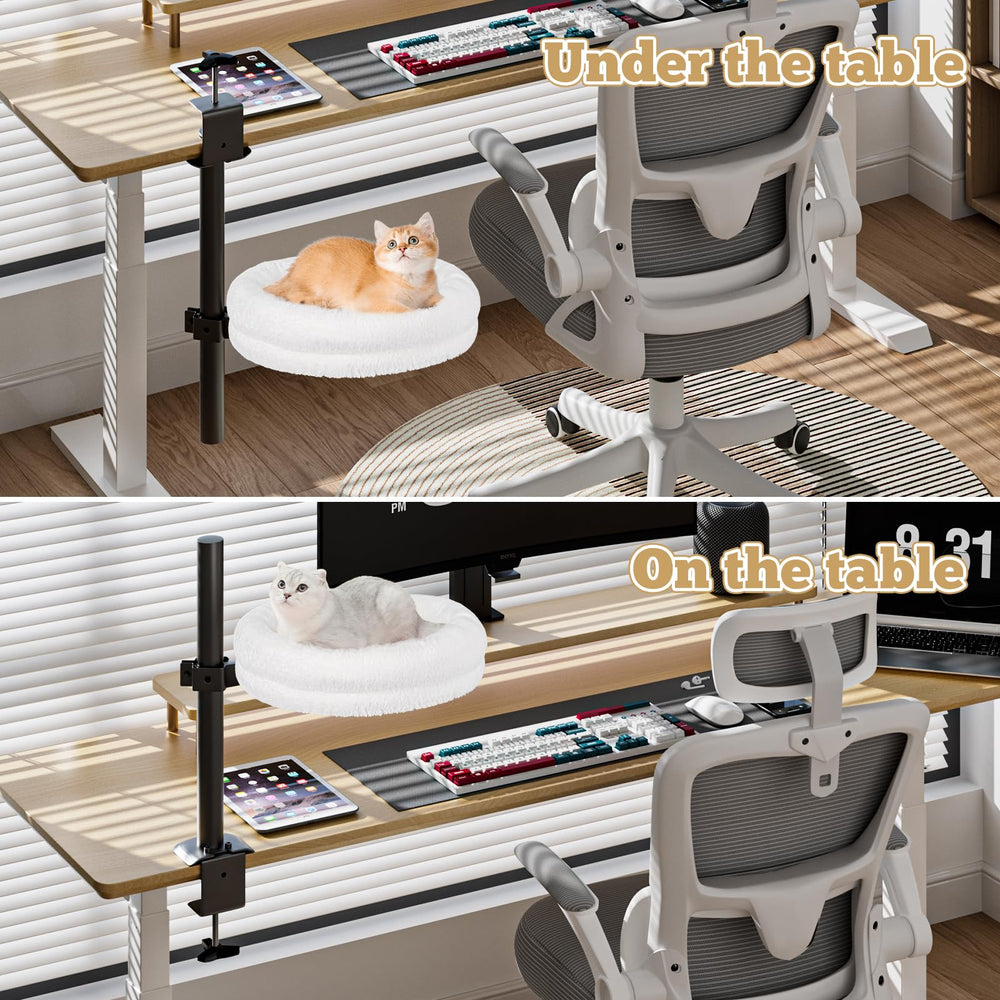 Cuipingoo cat desk bed height adjustment while cat rests calmly