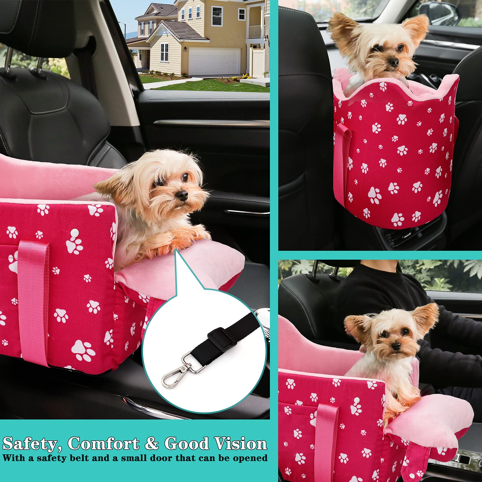 Cullaby center console dog seat pink, side-installation ensures secure mounting on armrest.