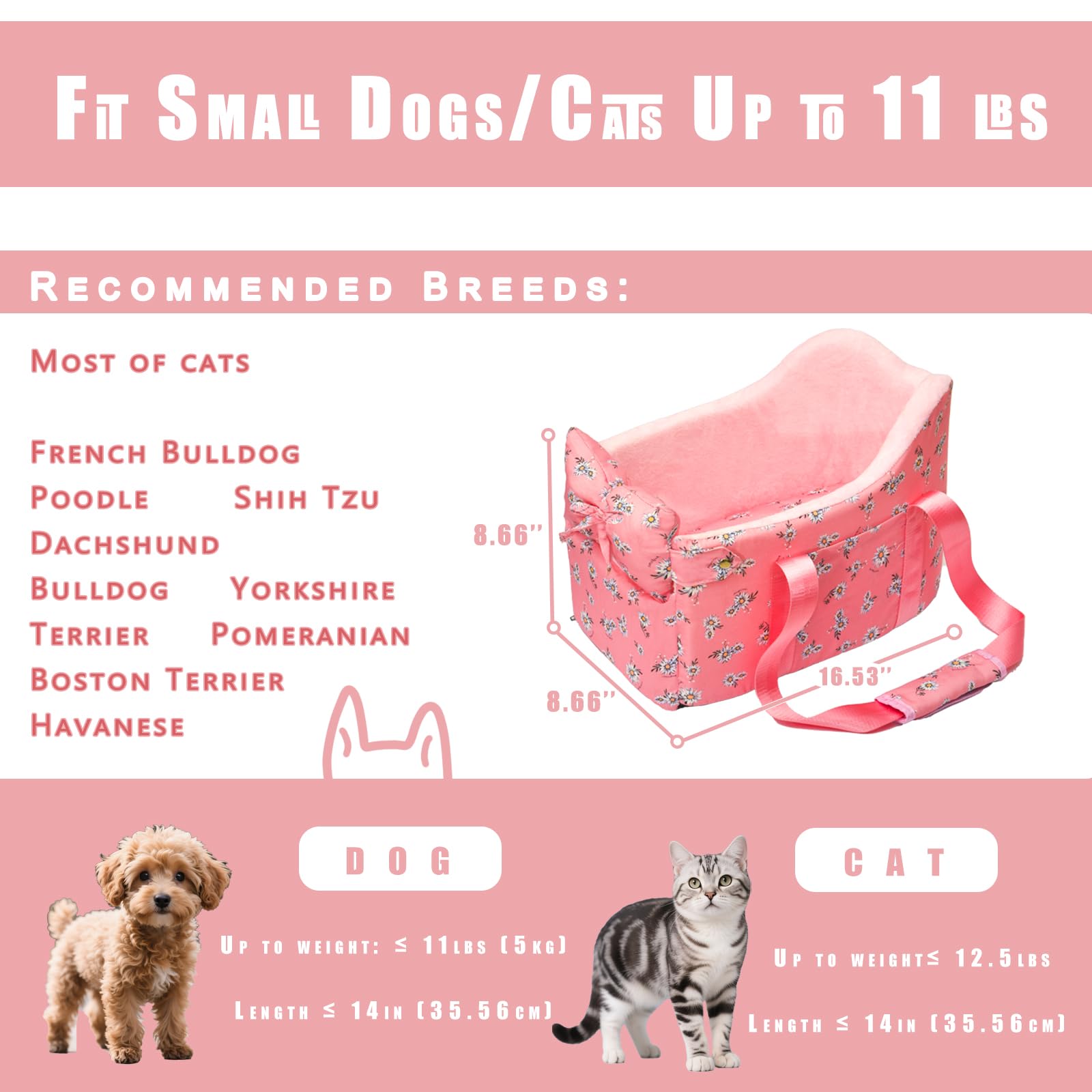 Cullaby Console Dog Car Seat fits small pets up to 11 lbs comfortably.