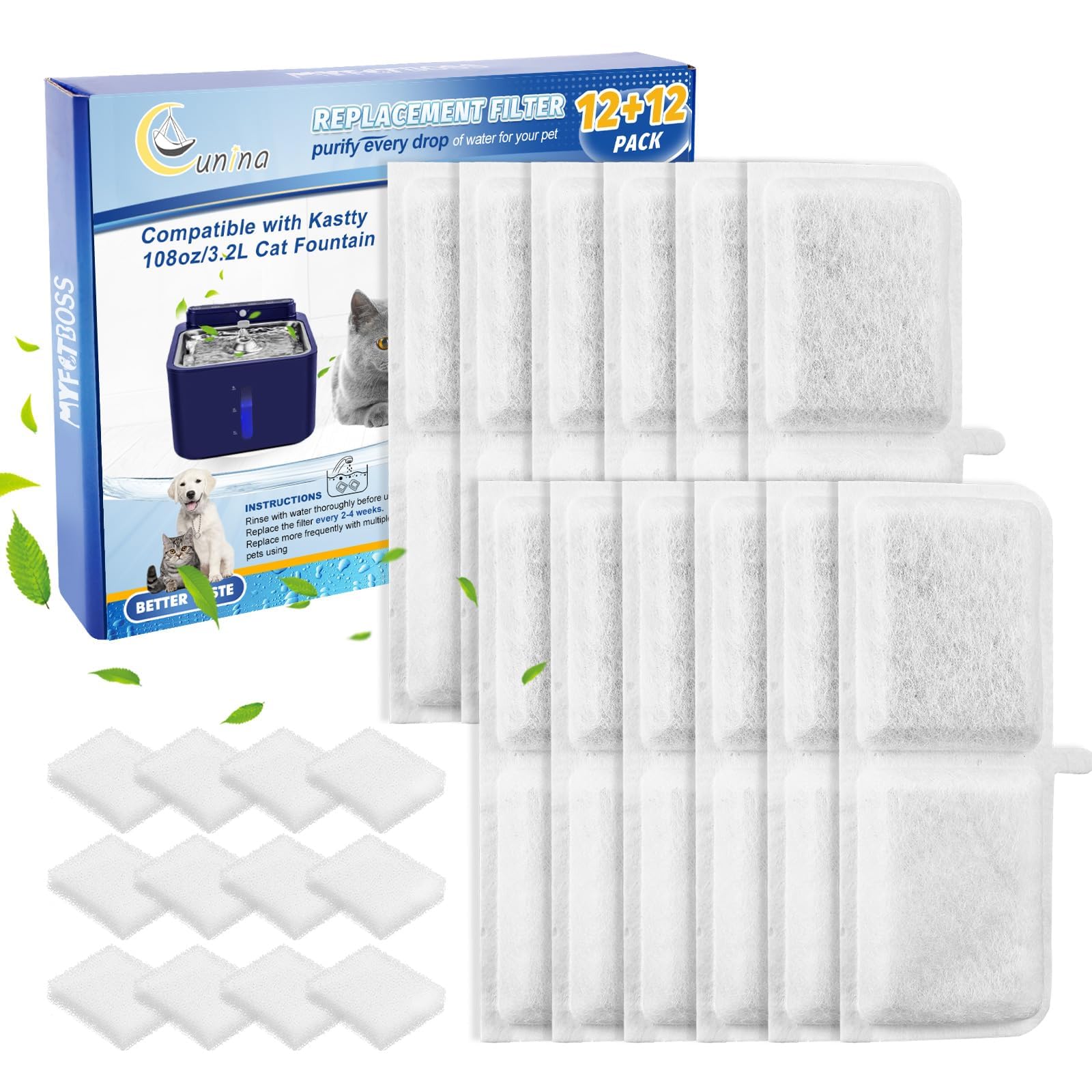 Cunina Kastty filter 12-pack activated carbon improves water taste for your cat’s hydration.