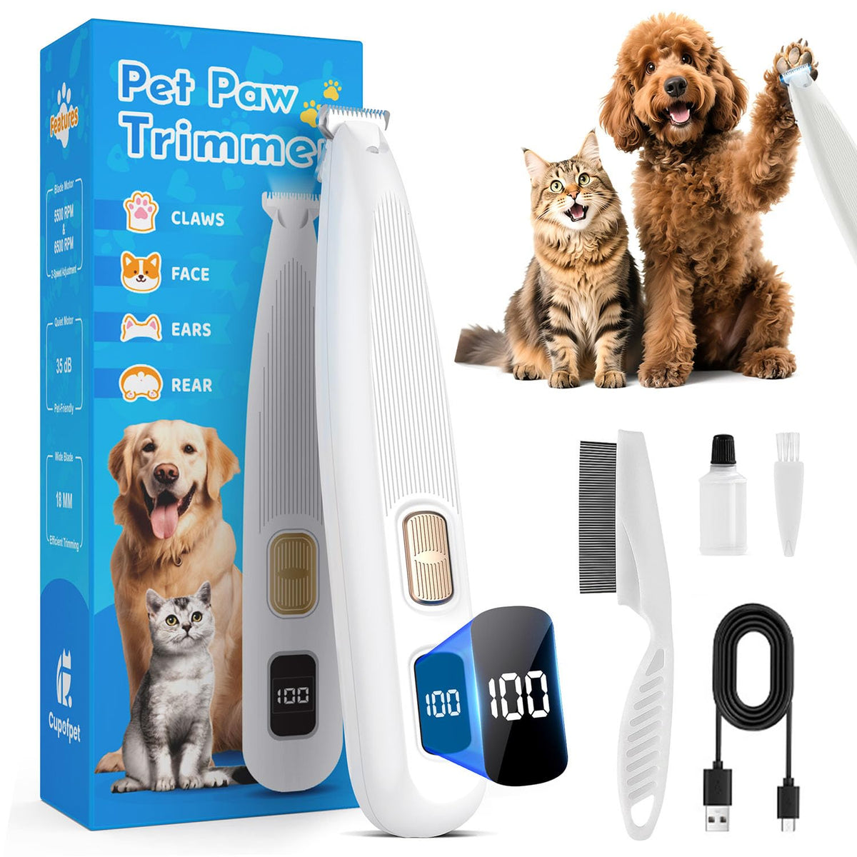 Cupofpet dog paw trimmer with LED light for precise trimming.