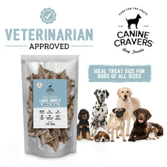Cure for the Crave Canine Cravers air-dried-smelt texture closeup emphasizes wholesome low-ingredient snack.