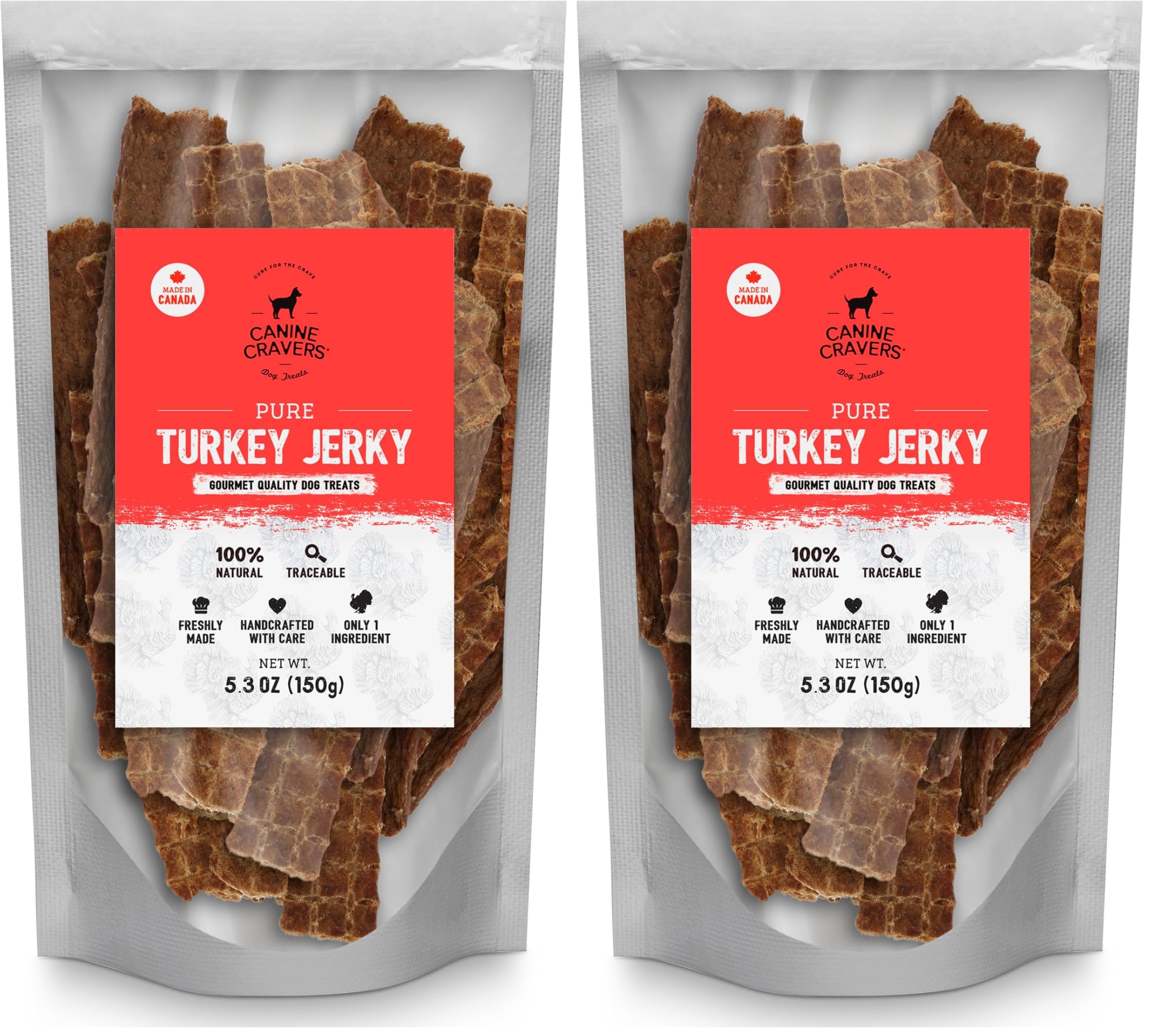 Cure for the Crave Canine Cravers turkey jerky pack two bags front view for convenient rewards