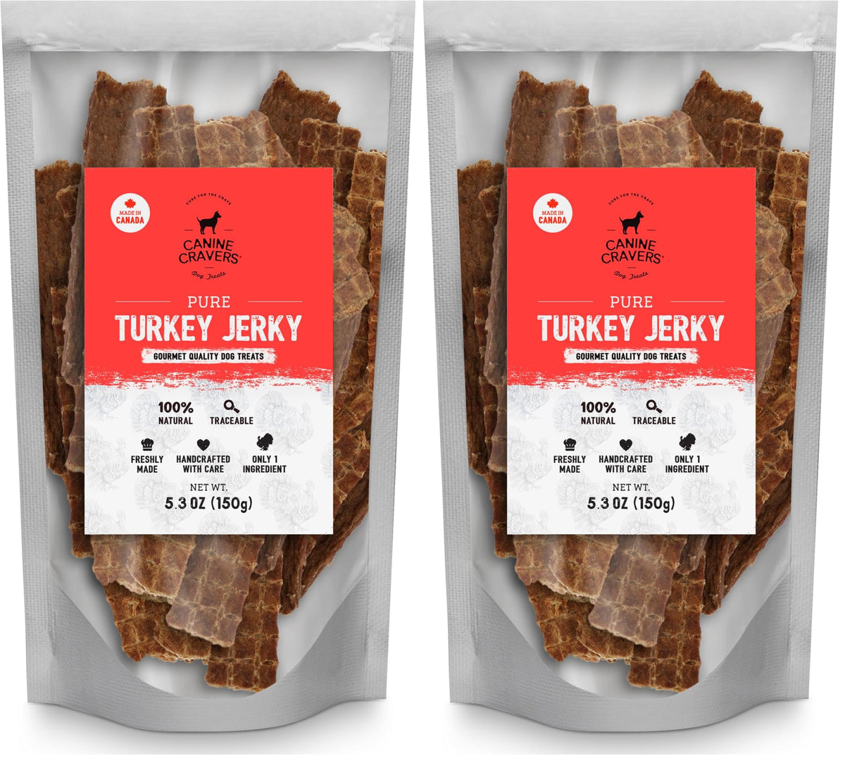 Cure for the Crave Canine Cravers turkey jerky pack two bags front view for convenient rewards