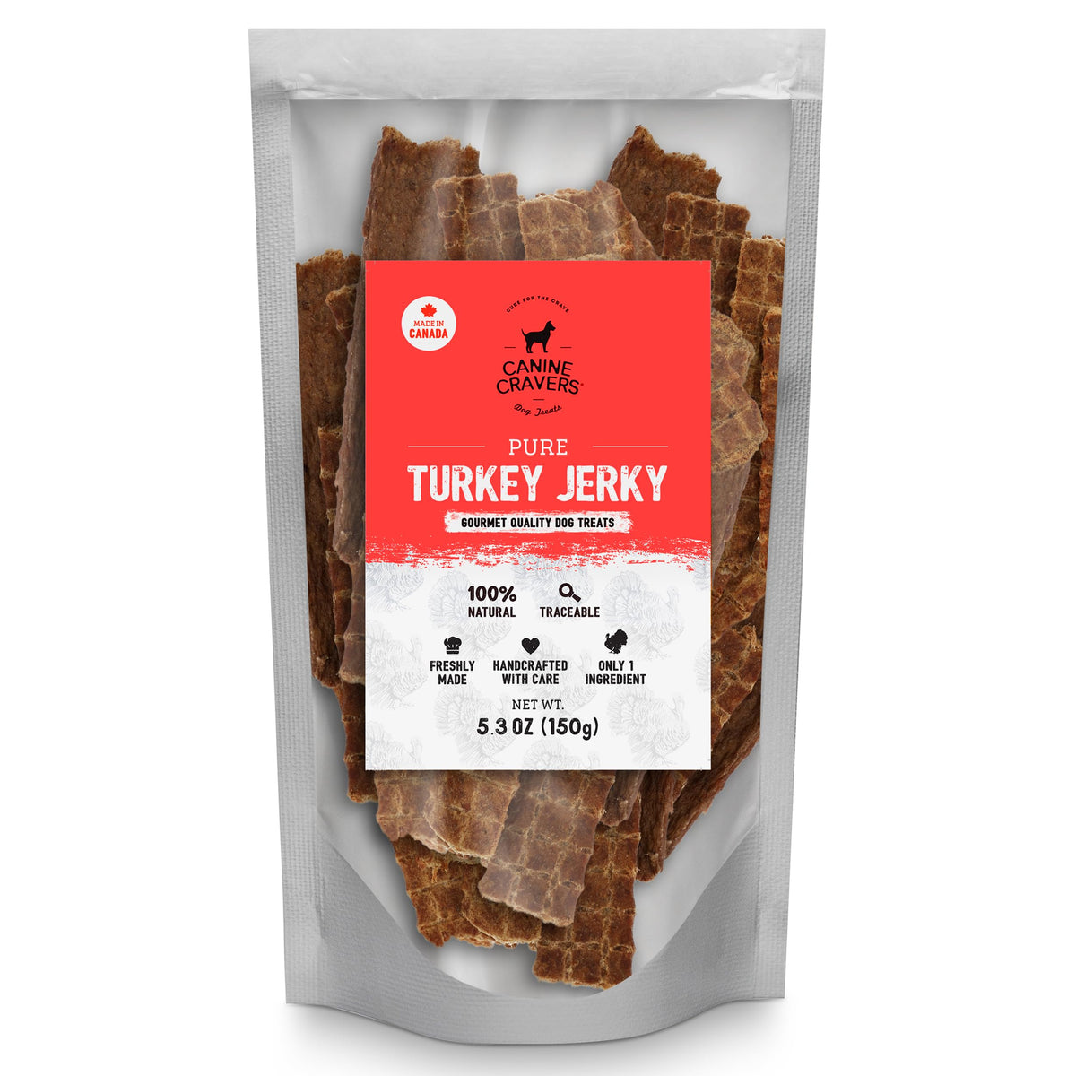 Cure for the Crave Canine Cravers turkey jerky packaging close-up emphasizes air-dried, all-natural ingredients.